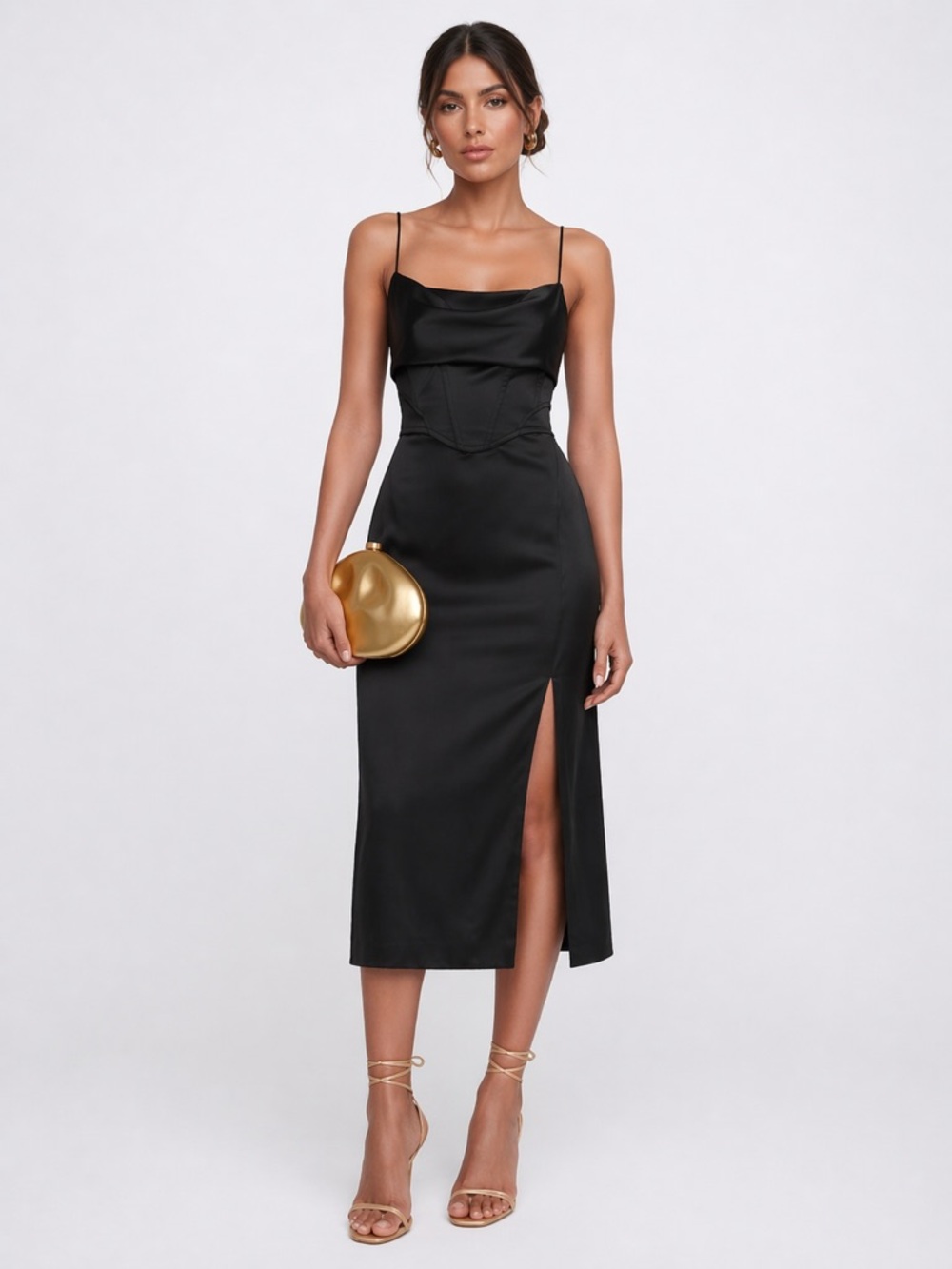 Zara Black Satin Spaghetti Strap Cowl Top Corset Slip Midi Dress US S